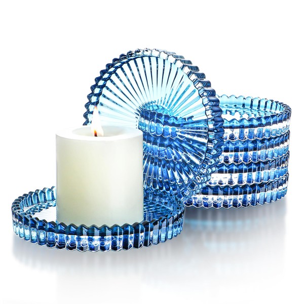 6PCS Blue Glass Candle Plates,Glass Pillar Candle Holder Plates,Glass Candle Coaster Holder,Small Round Candle Trays for Pillar Candle Centerpiece