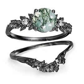 Qyvit Black Moss Agate Wedding Ring Set 925 Sterling Silver Moss Agate Jewelry Gifts for Women-8