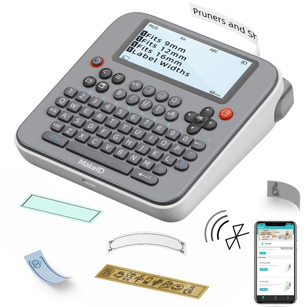 Makeid Label Maker E1 - Bluetooth Rechargeable Label Maker Machine - QWERTY Keyboard Labeler, 3.4" Backlighting LCD Screen - Prints 9~12mm & Label Margin <=1mm