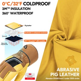 Vgo... 5℃/41°F Warm Winter Safety Pigskin Leather Work Gloves Men,Rigger Gloves,Builder Gloves,Construction gloves 1Pair PA3501FLWP (Brown+Yellow,M)