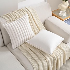 Volcanics Set of 2 Faux Fur Plush Decorative Throw Pillow Covers 20x20 Inches, Striped Cushion Cases Soft Fluffy Accent Pillowcases for Sofa, Couch and Bed, Cream White