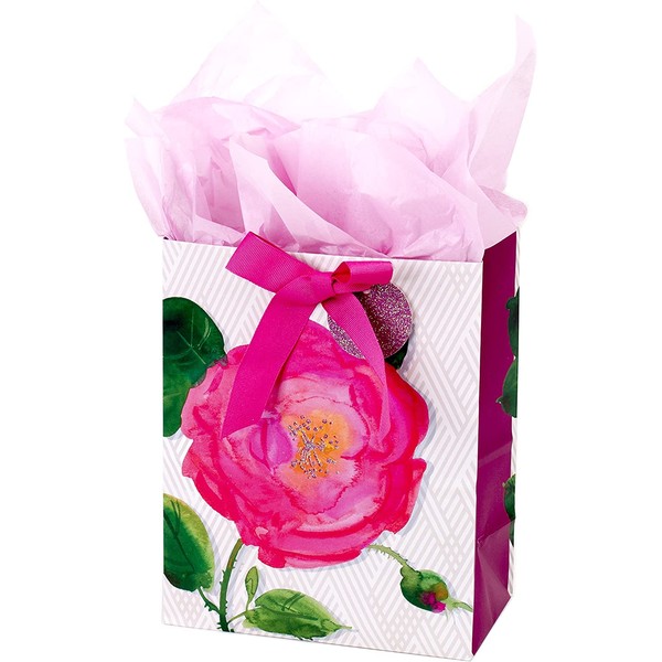 Hallmark 9" Medium Gift Bag with Tissue Paper (Pink Rose) for Birthdays, Mothers Day, Bridal Showers, Weddings or Any Occasion