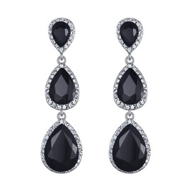 EleQueen Women's Silver-tone Austrian Crystal Tear Drop Pear Shape Long Earrings Black