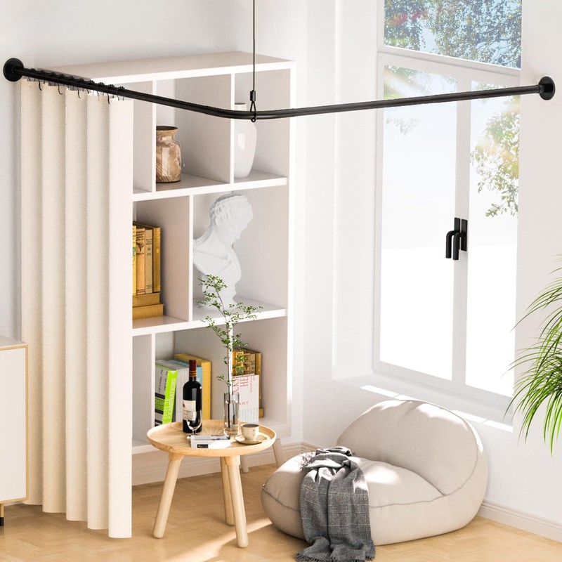 L-Shaped Corner Shower Curtain Rod, 「Black 24"-53" x 24"-53"」 Adjustable,