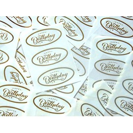 Pack of 24 Happy Birthday Stickers, Bright Shiny Gold on Clear Transparent - Labels for Cards, Craft and Decoration
