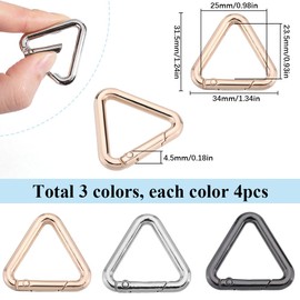 SUNNYCLUE 1 Box 12Pcs Alloy Triangle Spring Gate Rings Spring Clasps Bulk Gold Silver Black Trigger Snap Hook Carabiner Buckle Clip Gate Key Ring for Jewelry Making Keyrings Bag Purse Diy Craft Supply