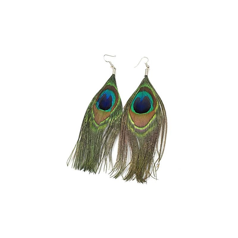 Green & Blue Peacock Feather Large Drop Earrings AJ22252