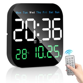Necomi Digital Wall Clock, 9'' LED Digital Clock Wall with Remote Control for Living Room Decoration, Week/Date/Temperature in 3 Colors, Auto Brightness, Standing & Hanging