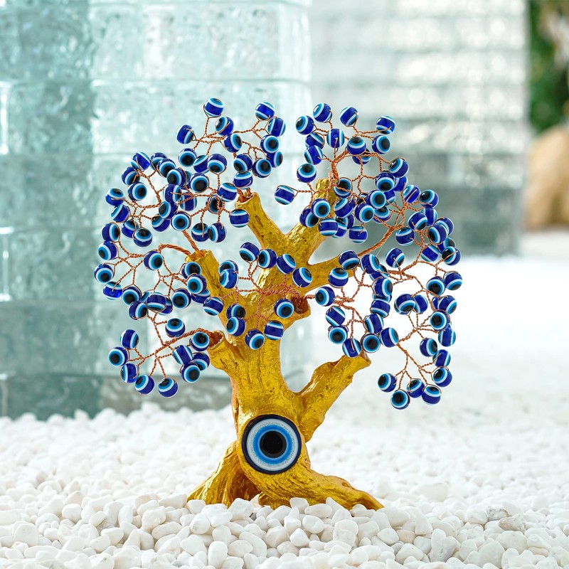 8'' Turkish Blue Evil Eye Tree Golden Feng Shui Decor