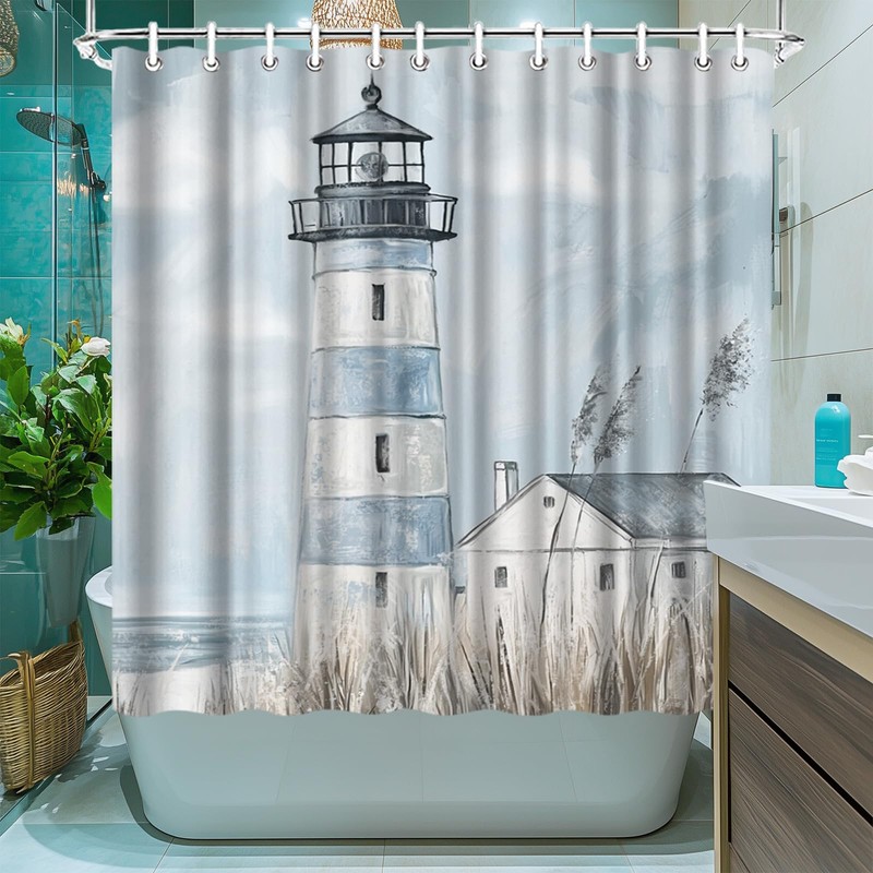 LeAquaNook Nautical Lighthouse Shower Curtain for Bathroom Blue Ocean Painting