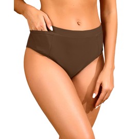 Tempt Me Mid Waist Brown Bikini Bottoms-Full Coverage Bathing Suit Bottom with Pockets S