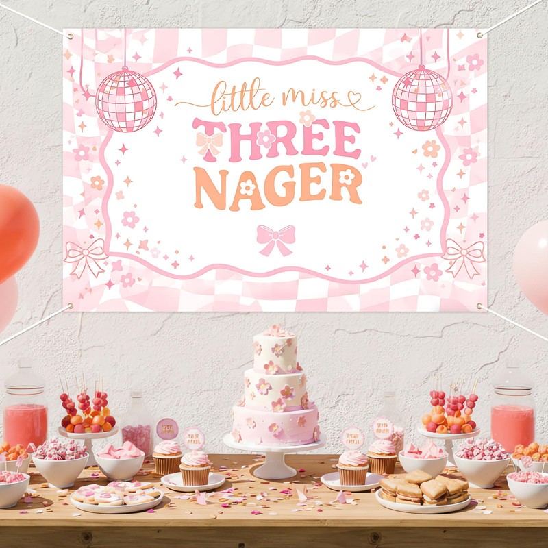 Little Miss Threenager Backdrop Disco Theme 3rd Birthday Banner 5x3ft