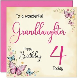 4th Granddaughter Birthday Card - Beautiful Butterfly Floral Granddaughter Birthday Card for 4 Year old Kids four, fourth