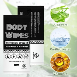 Individually Wrapped Body Wipes Bulk Bath Wipes, Women Men Large Adult Disposable Body Shower Wipes No Rinse-Free Bathing Cloths Wipes for Outdoors After Gym Camping Travel (200, Black, 12 x 10.3 in)