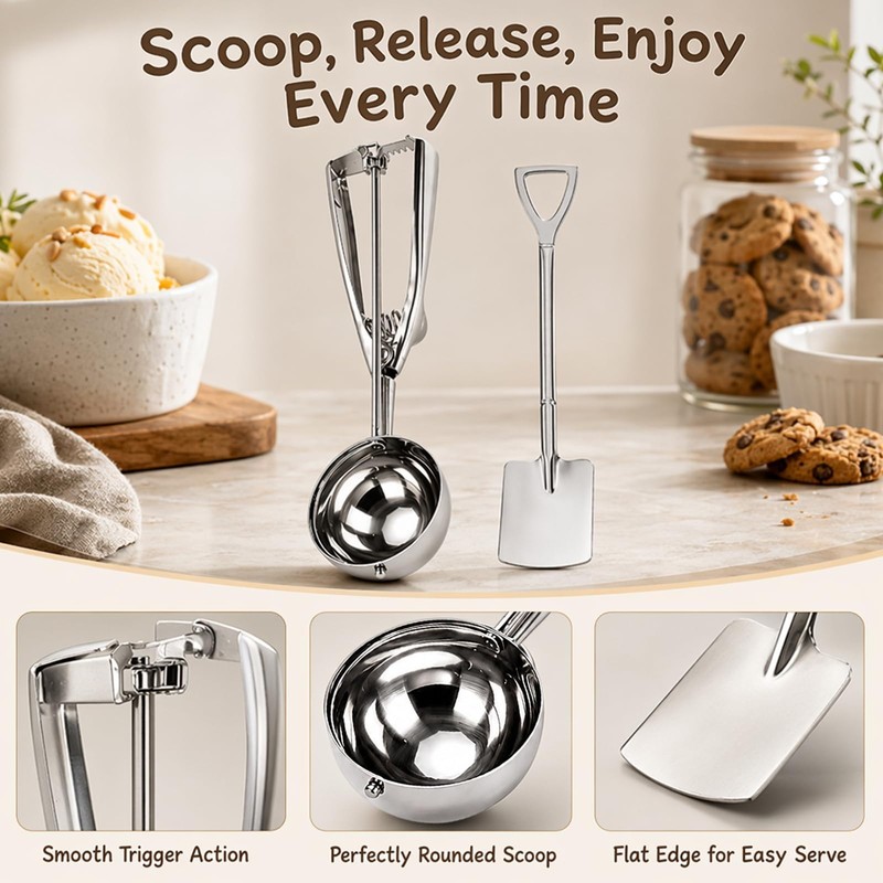 2PCS Ice Cream Scoop with Trigger, 6cm Large Scoop and