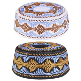 Beforta 2Pcs Kids Muslim Prayer Kufi Hat Headwear Islamic Beanie Skull Cap Embroidery Kofia Topi Sun Hat Ramadan Eid Gift (Blue, Age 2-4)