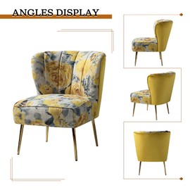 Tina's Home Accent Chair with Golden Legs, Comfy Tufted Wingback Living Room Chair Floral Fabric Small Armless Side Chair, Upholstered Slipper Chair for Bedroom, Reading Room (Flower Print, Yellow)