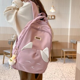 Elegant Panda Aesthetic Backpack for Teens and Adults. Cute Cat Face Daypack Large Big Capacity Backpack with Accessories. (Pink)