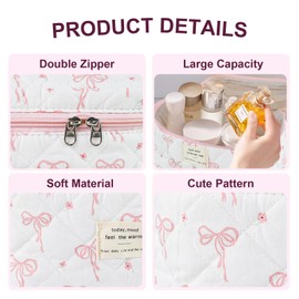 GISMTR Makeup Bag, Quilted Bow Cosmetic Bag, Large Travel Aesthetic Make up Bag, Cute Coquette Toiletry Bag for Women Girls, Bow G