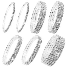KALIONE 7 Pcs Rhinestone Stretch Bracelet Silver Rhinestone Bangle Stackable Rhinestone Bracelet Wedding Jewelry for Women Wedding Dating
