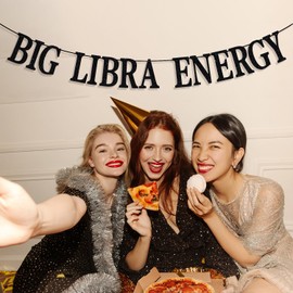 Big Libra Energy Banner, decoración de cumpleaños Libra, 12 constelaciones del zodiaco decoración de fiesta temática de cumpleaños (purpurina negra)
