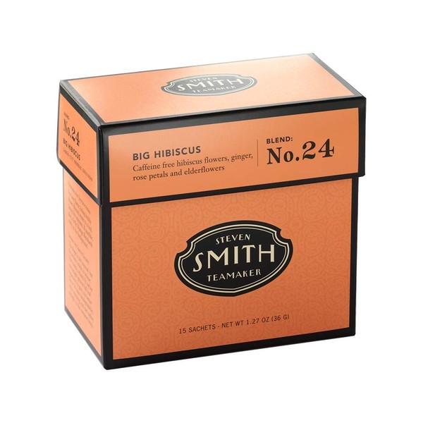 Smith Teamaker | Big Hibiscus No. 24 - Hibiscus, Ginger, Rose Petals & Elderflowers | Sugar-Free, Non-GMO, Plant Based Caffeine-Free Hibiscus Blend (15 Sachets, 1.27oz each)