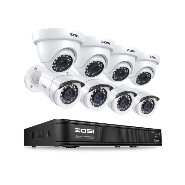 ZOSI 3K 5MP Lite Home Security Camera System with AI Human Vehicle Detection, H.265+ 8CH CCTV DVR and 8 x 1080p Wired Outdoor Indoor Bullet Dome Cameras, Remote Access, Alert Push (No Hard Drive)