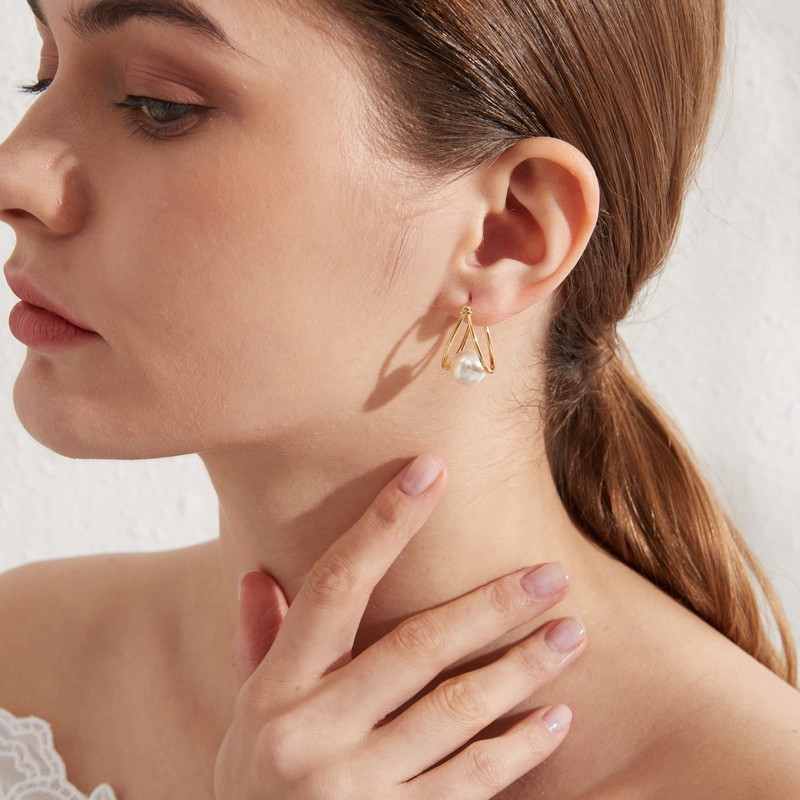 Miaofu Cat Stud Earrings, Pearl Earrings 18K White Gold, Plated