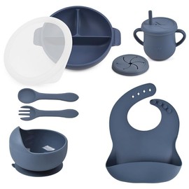 Joline Designs Silicone Baby Feeding Set - Perfect silicone plates for baby & Toddler Plates with lids, Baby Bowls with Suction, Baby Utensils - Baby Led Weaning Supplies & Eating Essentials - (Blue)