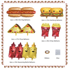 Picnic Party Decoration,French Fries,Hamburgers,Hot Dogs,Pizza Photo Props,Fast Food Aluminum Film Shaped Balloons,Barbecue Props Balloons (Golden 12pcs)