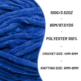 Fluffy Chenille Yarn for Crocheting, Chunky Velvet Yarns for Crochet Amigurumi, Baby Yarn for Crocheting Soft Blanket, 87.4yds /3.5 oz Bulky Yarns for Crafts/Hats/Shoes/Socks (Sapphire Blue)