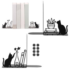 Foppla Cat Bookend 2 Pcs Metal Shelf Stopper,Black Cat and Vase Bookends for Shelves,Decorative Figurine Stable Desktop Stand Sturdy Organizer Books Organiser Stopper Home Office Tabletop Accessory