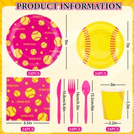 Whaline 168 Pcs Softball Birthday Paper Tableware Set Dinnerware Pink Yellow Sports Ball Disposable Plates Napkins Cups and Cutlery for 24 Guest Baby Shower Party Supplies