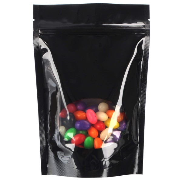 CleverDelights Glossy Black Window Stand Up Pouches - 8oz - 100 Pack - 6" x 9" x 3" - Resealable Bag