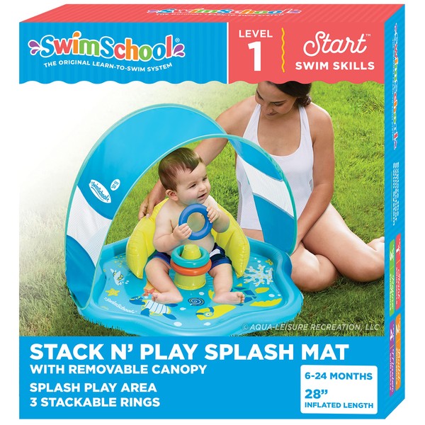 SwimSchool Baby Splash Play Mat with Adjustable Canopy – Inflatable Play Pool for Babies & Infants with Backrest – Includes Baby Water Toy Rings – Seafoam Blue Lemon