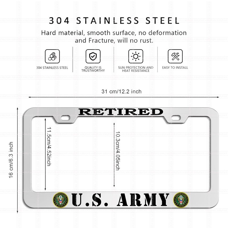 2 Pack Retired License Plate Frames for US Army, Silver
