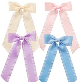 HLTOO 4PCS Long Ribbon Hair Bows, Long-tail Hair Clips with Cute Ruffled Edge, Cute Satin Ribbon Hair Accessories for Women and Girls (White, Pink, Purple and Blue)