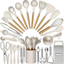Kitchen Utensils Set- 34 Pieces Cooking Utensils with Grater, Tongs, Spoon Spatula &Turner, Heat Resistant Food Grade Silicone and Wooden Handles Kitchen Gadgets, Non-stick Cookware