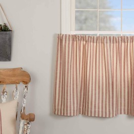 Market Place Red Ticking Stripe Tier Curtains, Set of 2, 36" Long, Farmhouse Style Brick Red & Natural Cream Tiers/Café Curtains