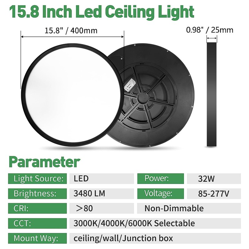 15.8 Inch Black LED Flush Mount Ceiling Light, 32W, 3480LM,
