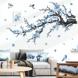 decalmile Blue Flower Branch Wall Decals Watercolor Blossom Floral Tree Branches Wall Stickers Living Room Bedroom Sofa TV Background Wall Decor