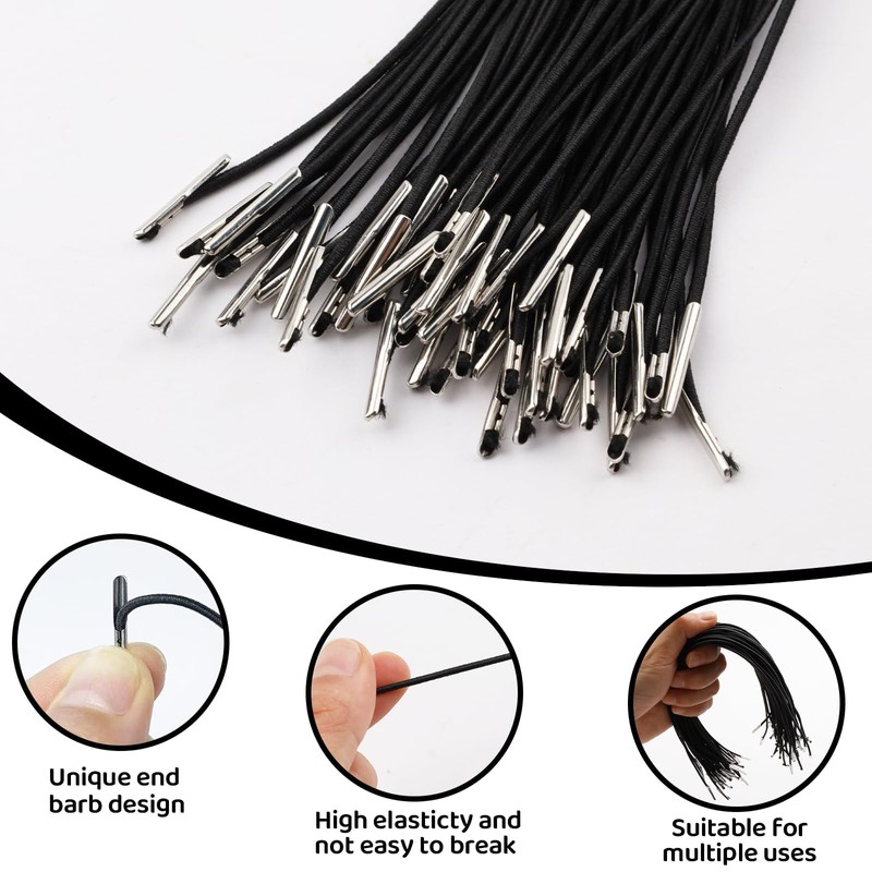 Elastic String Metal Ends, 50PCS Elastic-Cord with Metal Ends, Black