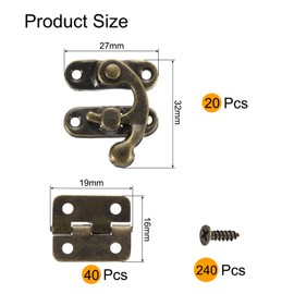 sourcing map 20pcs Bronze Swing Arm Clasp Latch Vintage Style Right Toggle Hasp Hook and 40pcs Engraved Hinges, 27 x 32mm Right Latch Buckle and Pattern Hinge with 240pcs Screws