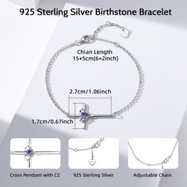 YZSFMZGE 925 Sterling Silver Birthstone Bracelet for Women - February Amethyst Cross Heart Adjustable Bracelet - Jewelry Gifts for Birthday