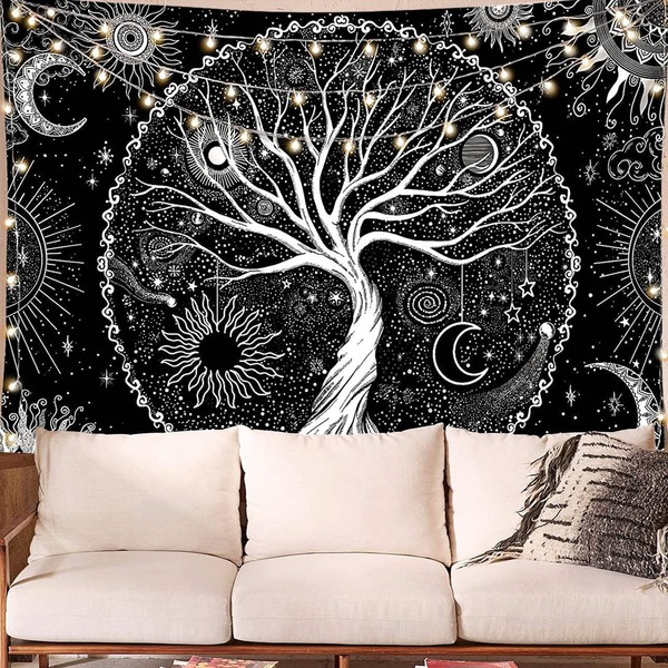 LOMOHOO Tree of Life Tapestry Black and White starry Tapestry Aesthetic Wall Hanging Tapestries Home Decor for Bedroom,Living Room,Dorm (Tree of life,M/150x130cm)