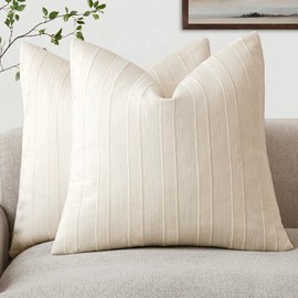 Foindtower Set of 2 Decorative Striped Chenille Throw Pillow Covers Luxury Accent Cushion Covers Soft Farmhouse Pillowcase for Bed Couch Sofa Bedroom Living Room Home Decor 24×24 Inch Cream White