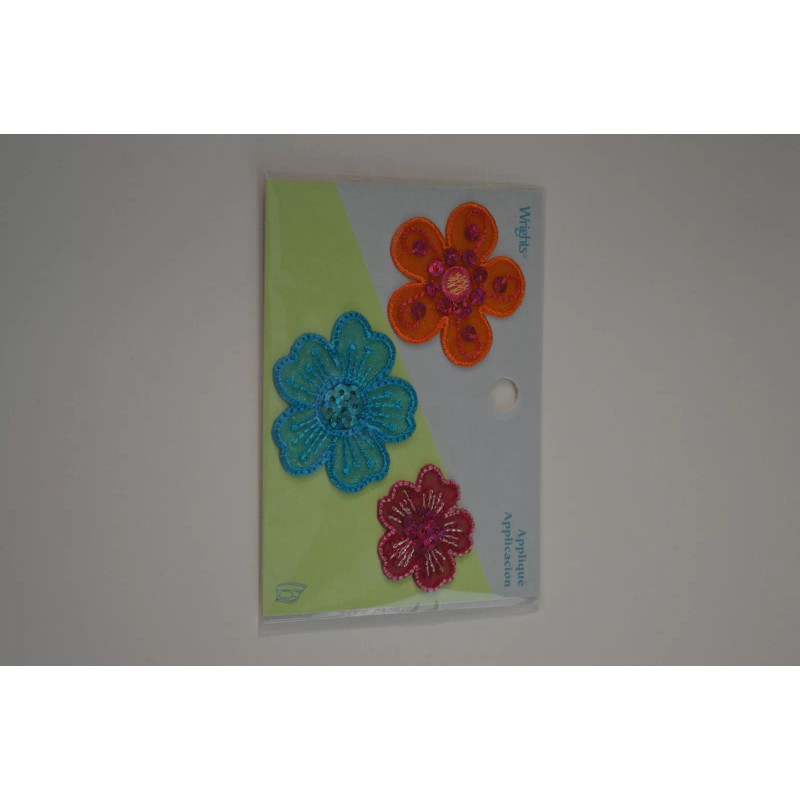 Wright Applique- Iron On - 3 Flowers= Orange, Turquoise, Magenta,