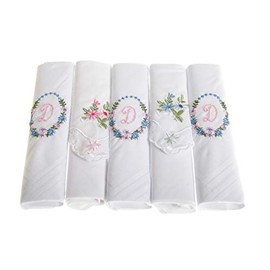 Surf the Shop Pack of 5 Ladies Initial Embroidered White Handkerchiefs with Satin Border and Matching Floral Handkies, Various Letters