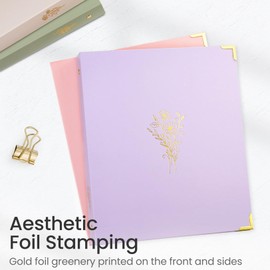 Aesthetic 3 Ring Binder, Sooez Cute 1 Inch Binders with Gold Foil & Metal Corners, Three Ring Recipe Binder with Pocket, Fits Letter Sized Paper for Women School Home Office Supplies, Letter Size