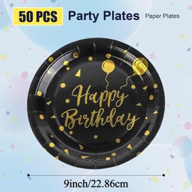 BOKFJBP 50 Pack Party Paper Plates 9 inch Happy Birthday Black and Gold Party Paper Plates Set,Disposable Dinner Plates Party Tableware for Graduation, Birthday Decorations, Christmas